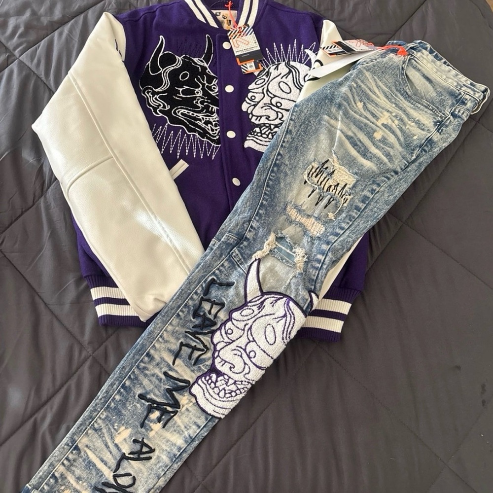 Smoke Rise Evil Buda Varsity Jacket And Jean set Size (30/32 Jeans)(Med Jacket)